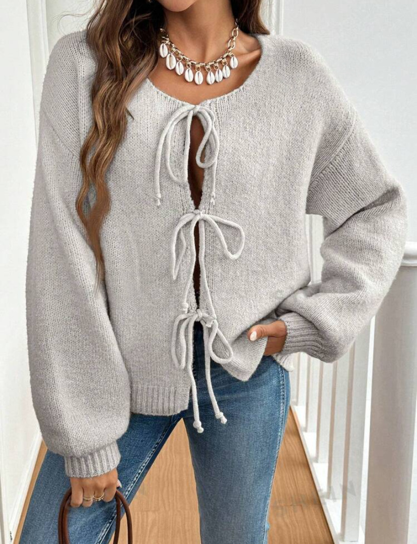 Women's Casual Loose Tie-Front Solid Knit Cardigan Sweater