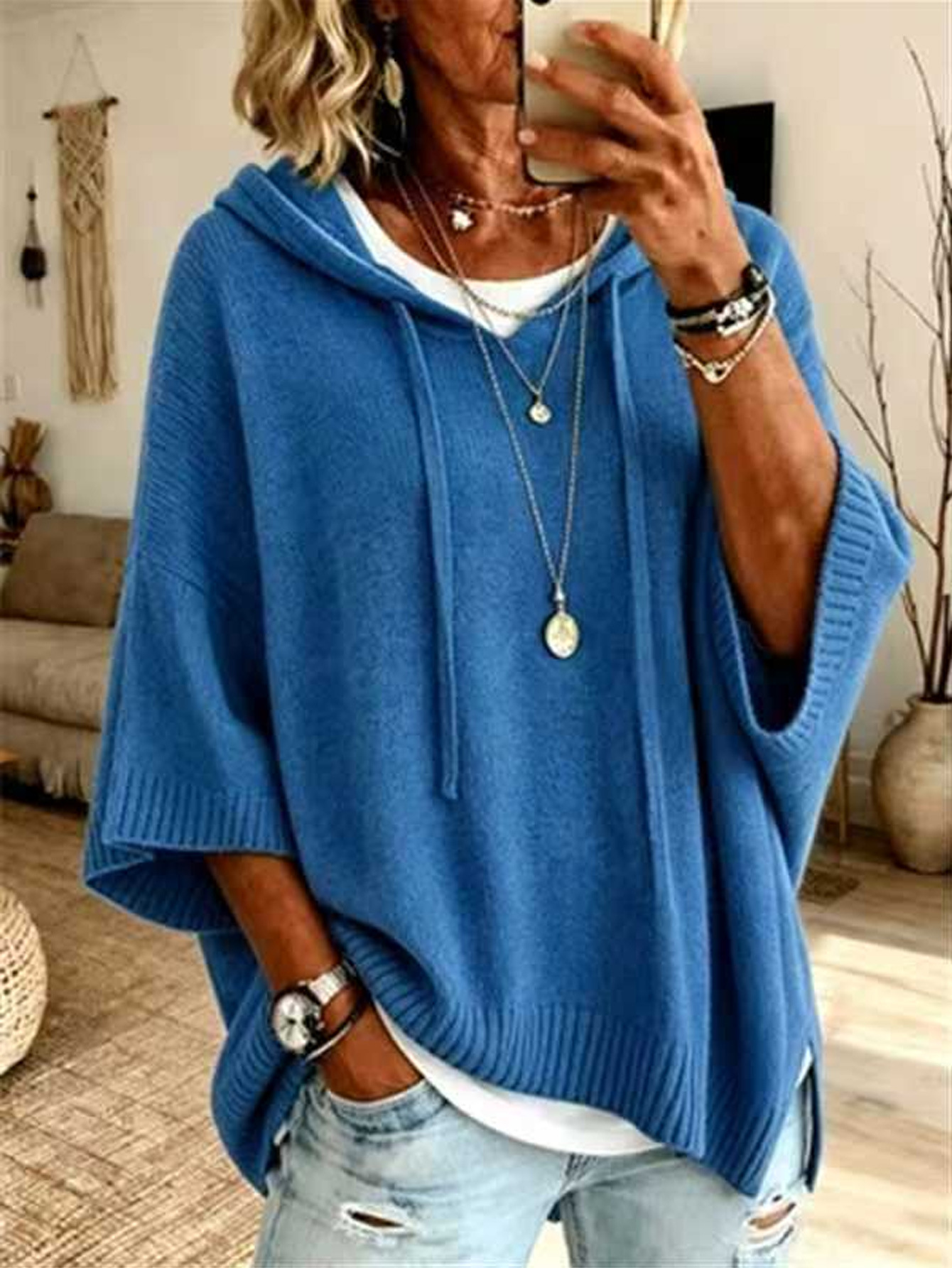 Women's Solid Hooded Knit Sweater Loose Fit Pullover