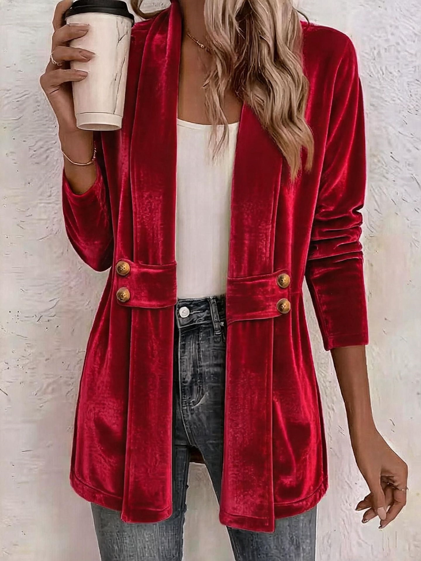 Women's Double-Breasted Velvet Cardigan Lazy Style Mid-Length Top