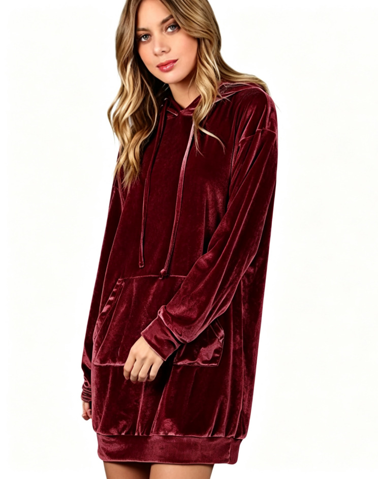 Velvet Hooded Sweatshirt Dress Oversized Pullover