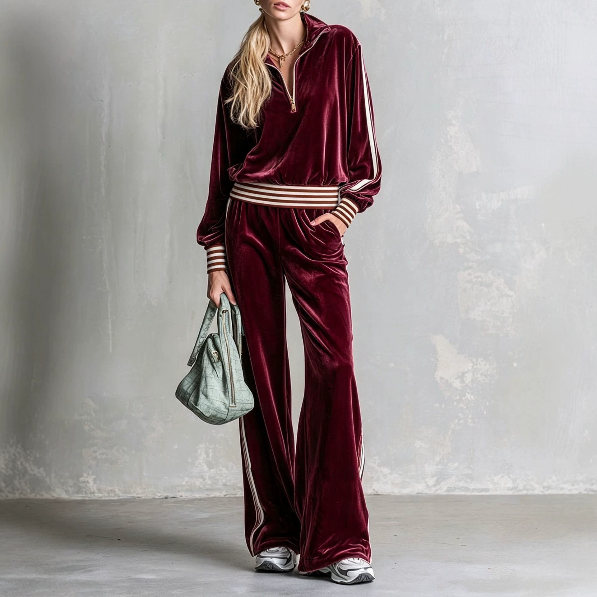 Velvet Side-Stripe Wide-Leg Drawstring Sweatpants