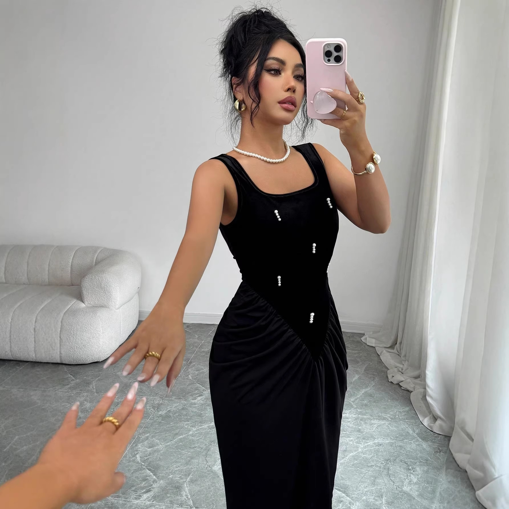 Sexy Square Neck Sleeveless Long Dress with Hand-Set Rhinestones