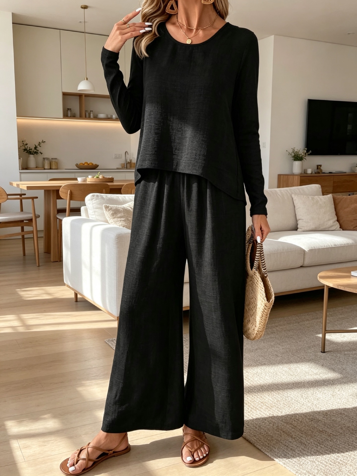 Women's Open-Back Crochet Top & High-Waist Wide-Leg Pants Set