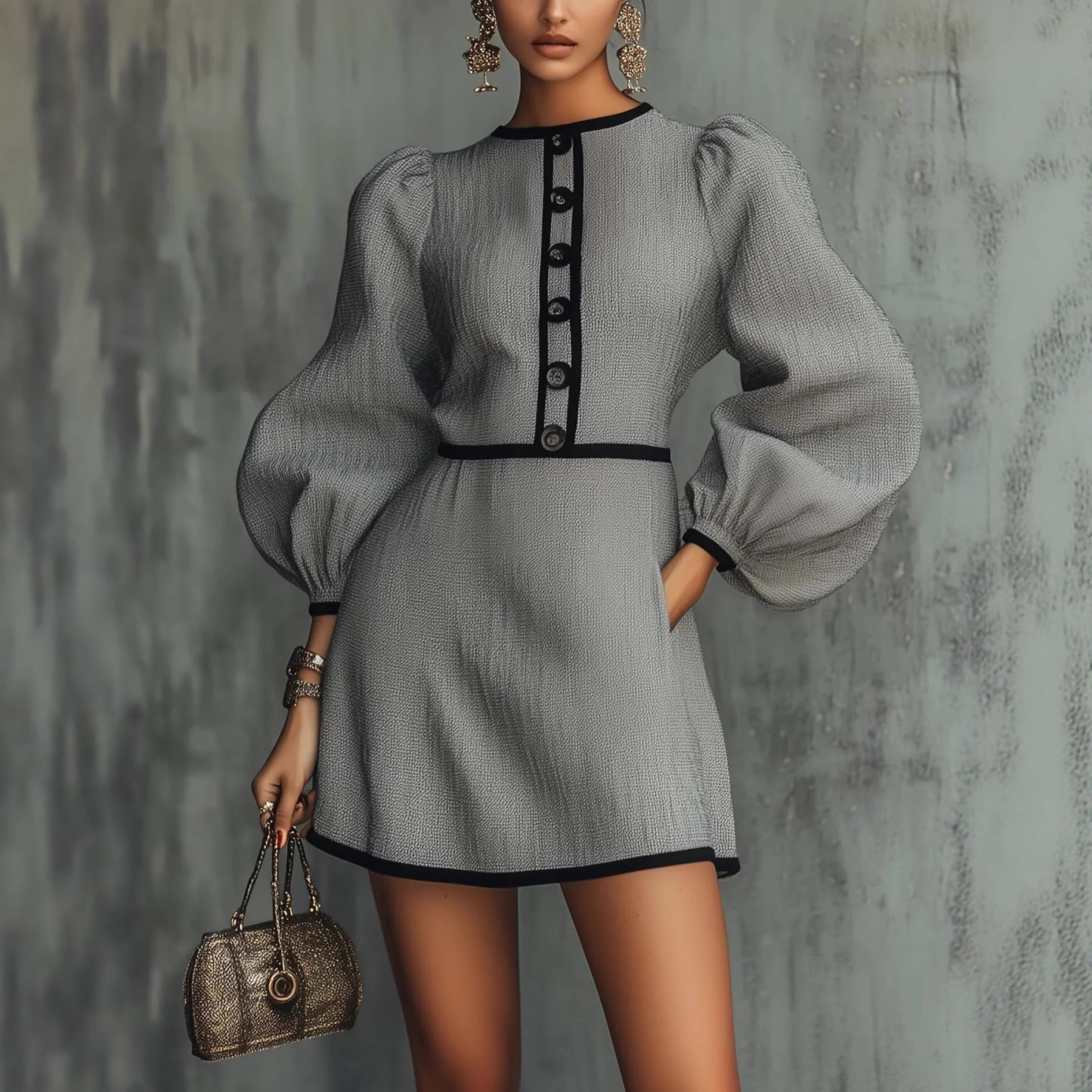 French-Style Gray Spliced Knit Dress with Button Detail