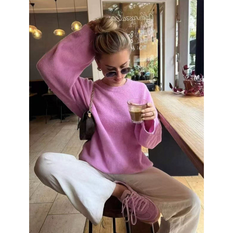 Pink Crewneck Pullover Sweater Relaxed Casual