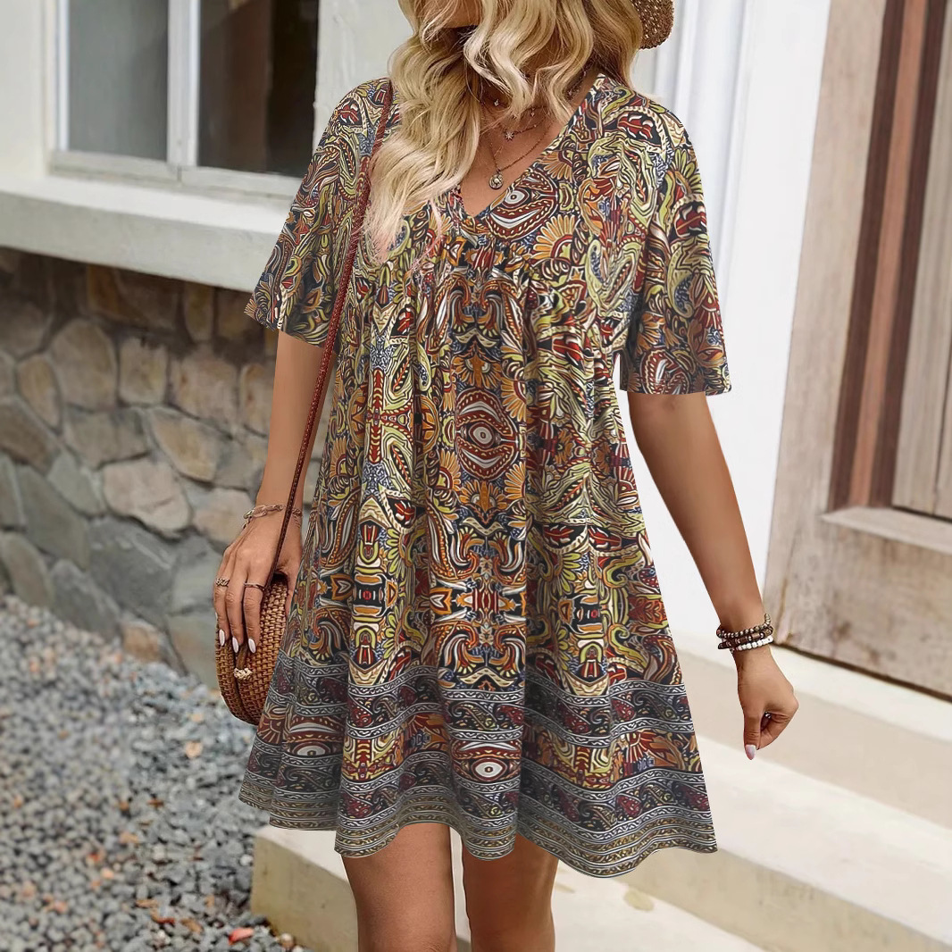 V-Neck Geometric Print Short Sleeve Casual Dress