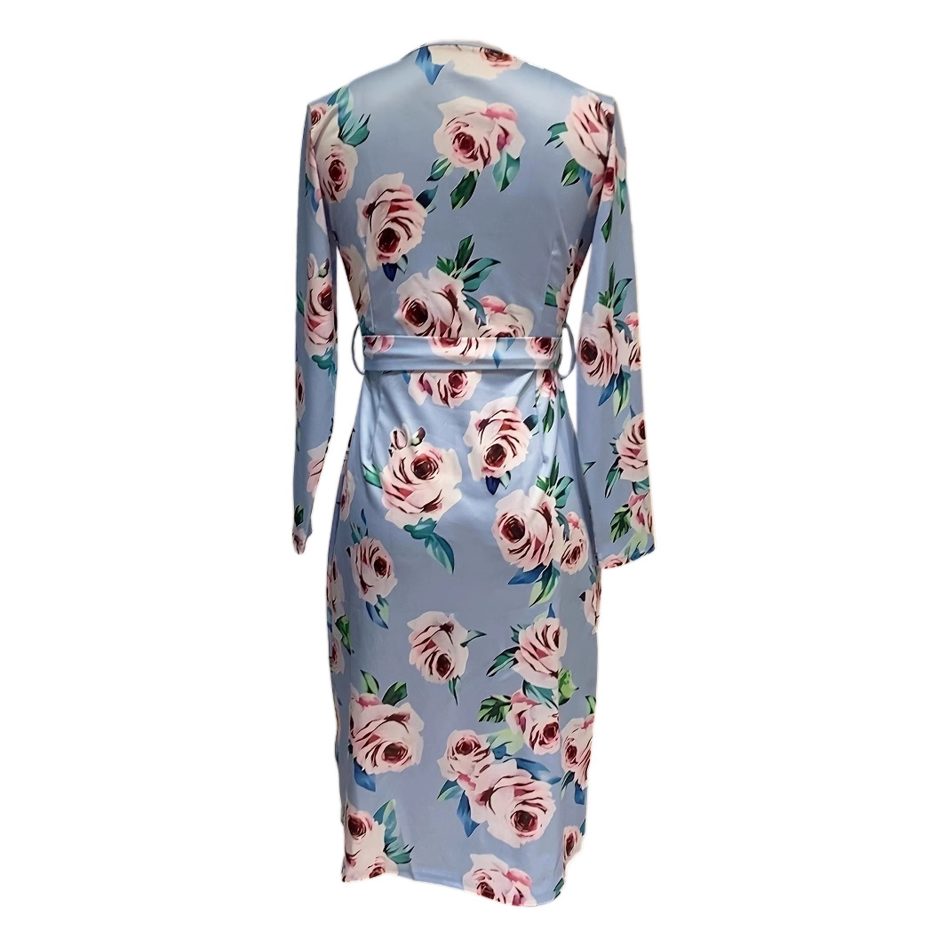 V-Neck Floral Print Tie Bodycon Midi Dress