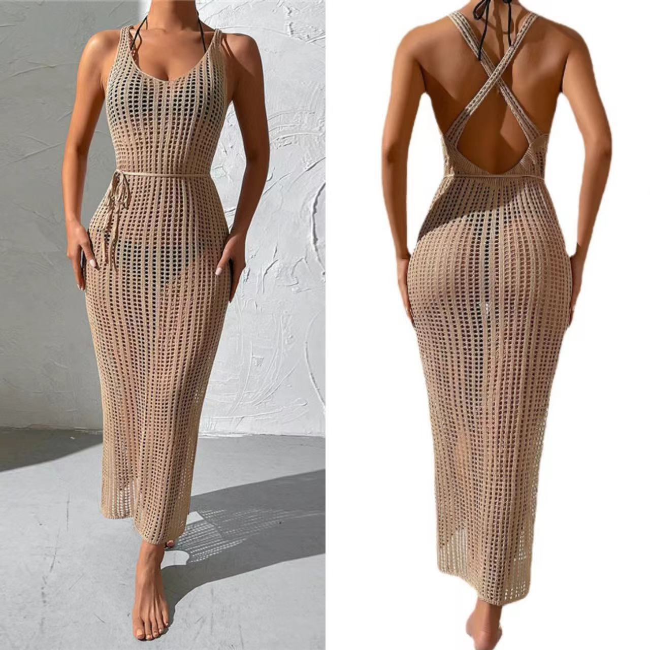 Women's Openwork Backless Knit Beach Cover-Up Dress