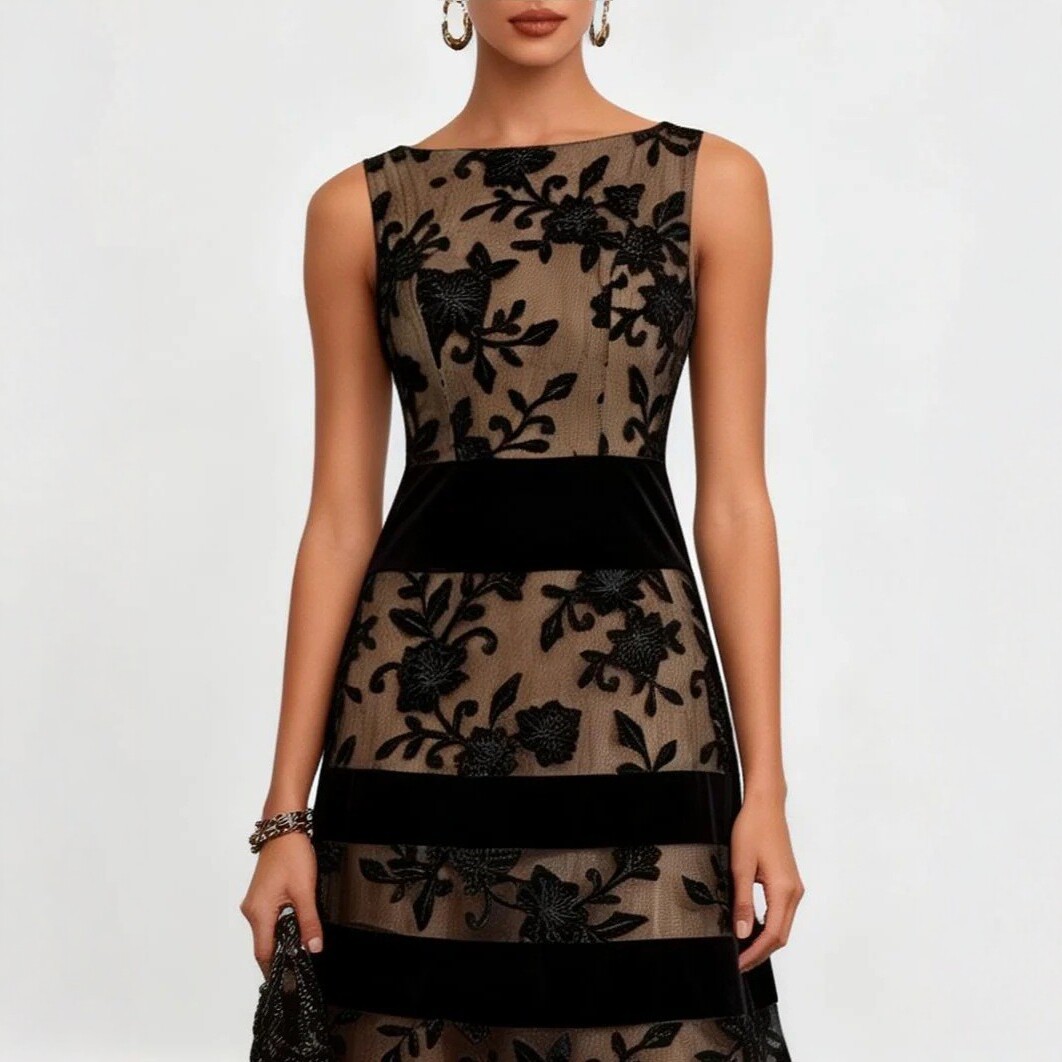 Black Mesh Flocked Jacquard Paneled Bodycon Dress