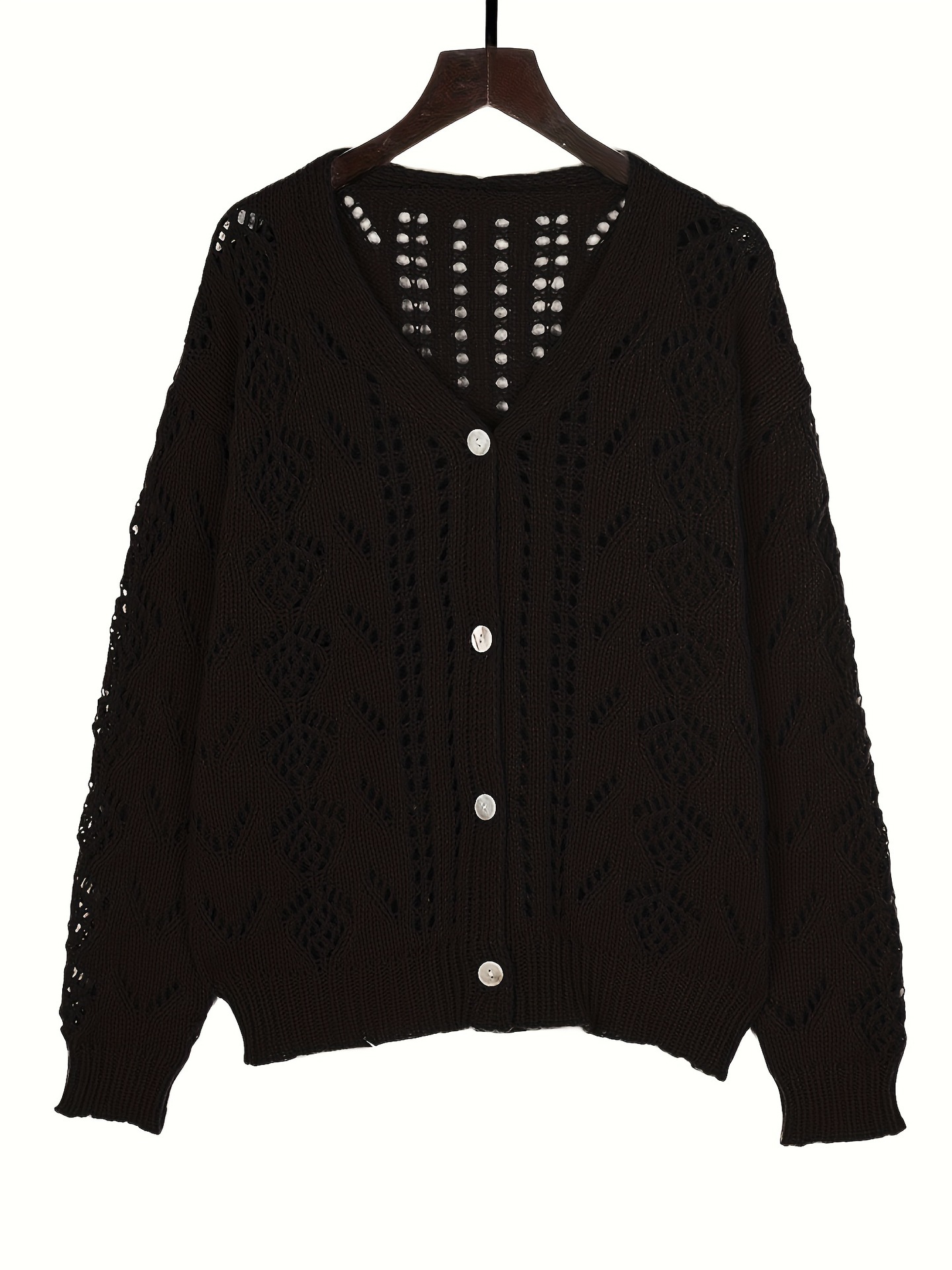 Retro Open-Knit Button-Front Cardigan V-Neck Solid Color Women's Top