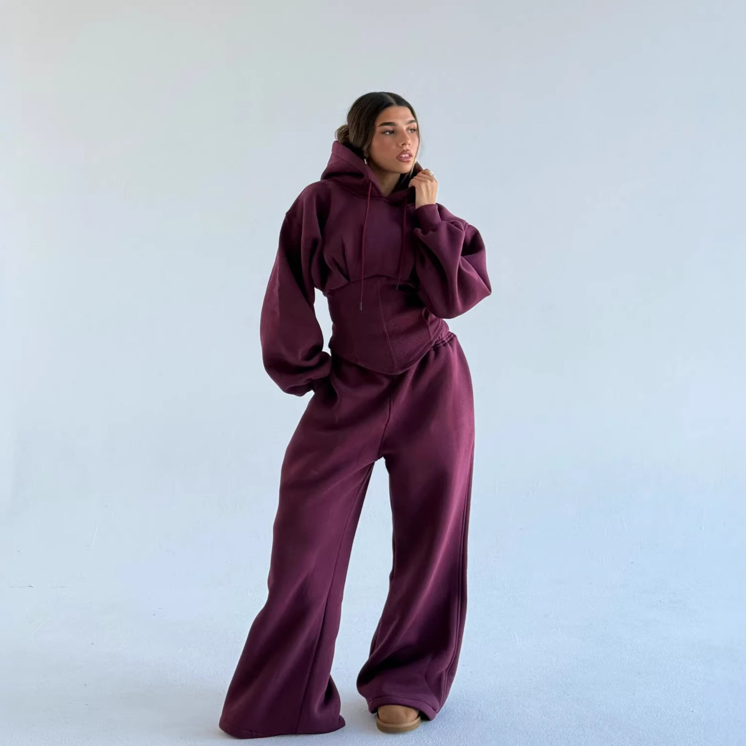 Women's Slim Fit Drawstring Hooded Top and Pants Two-Piece Set