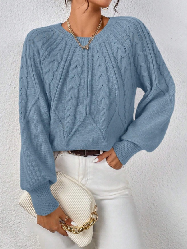 Women's Cable Knit Crewneck Pullover Sweater Solid Color Casual Top