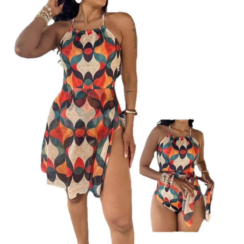 Women's Vintage Colorblock Halter Open-Back Tie Dress