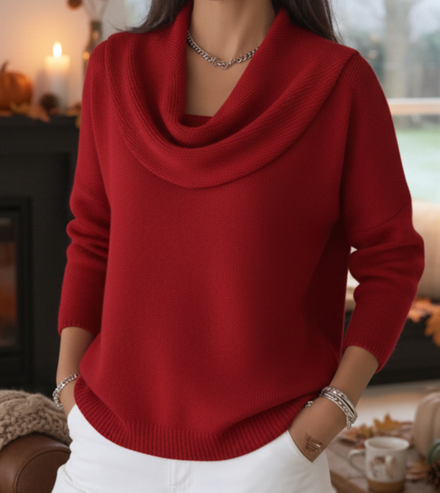Women's Solid Color Long Sleeve Cowl Neck Knit Pullover Sweater