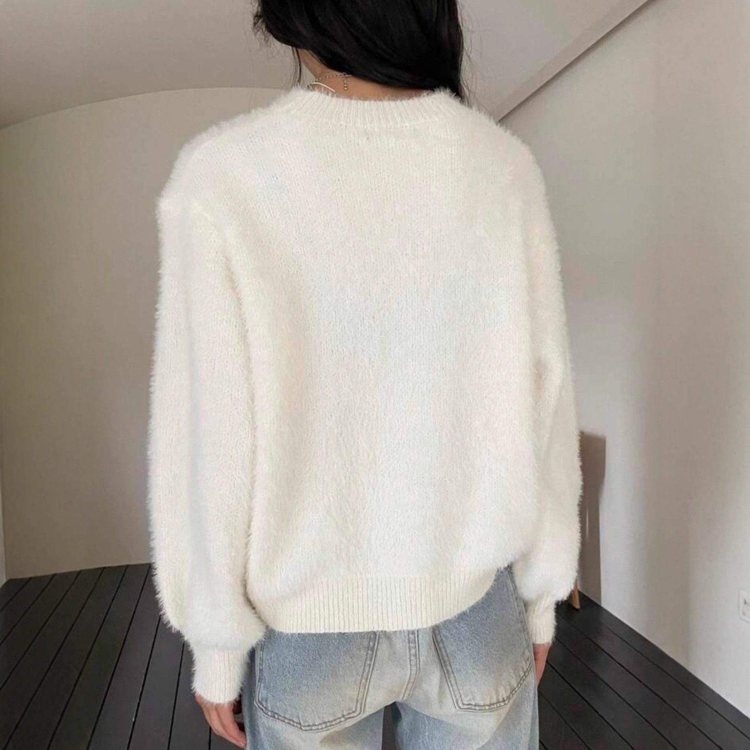 Faux Mink Fleece Crewneck Sweater Women's Fuzzy Long Sleeve Pullover Knit Top