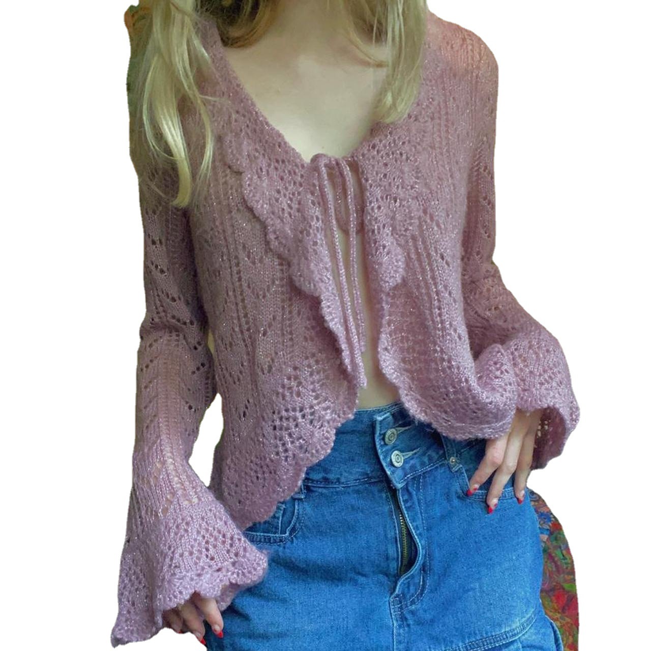 Women's V-Neck Long Sleeve Tie-Front Cardigan Sweater with Openwork Knit