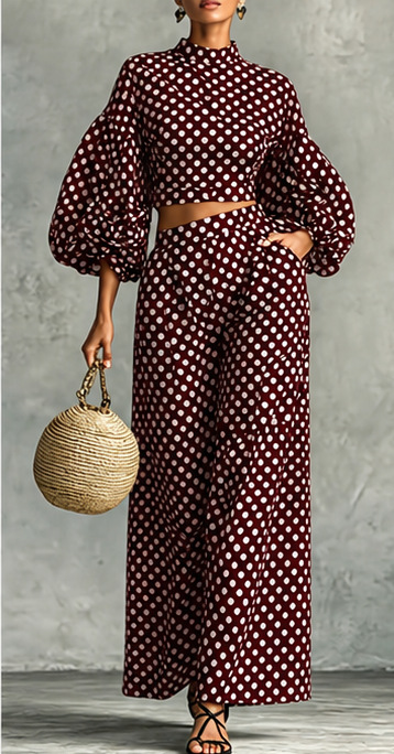 Polka Dot Lantern Sleeve Crop Top & High-Waist Wide-Leg Pants Two-Piece Set