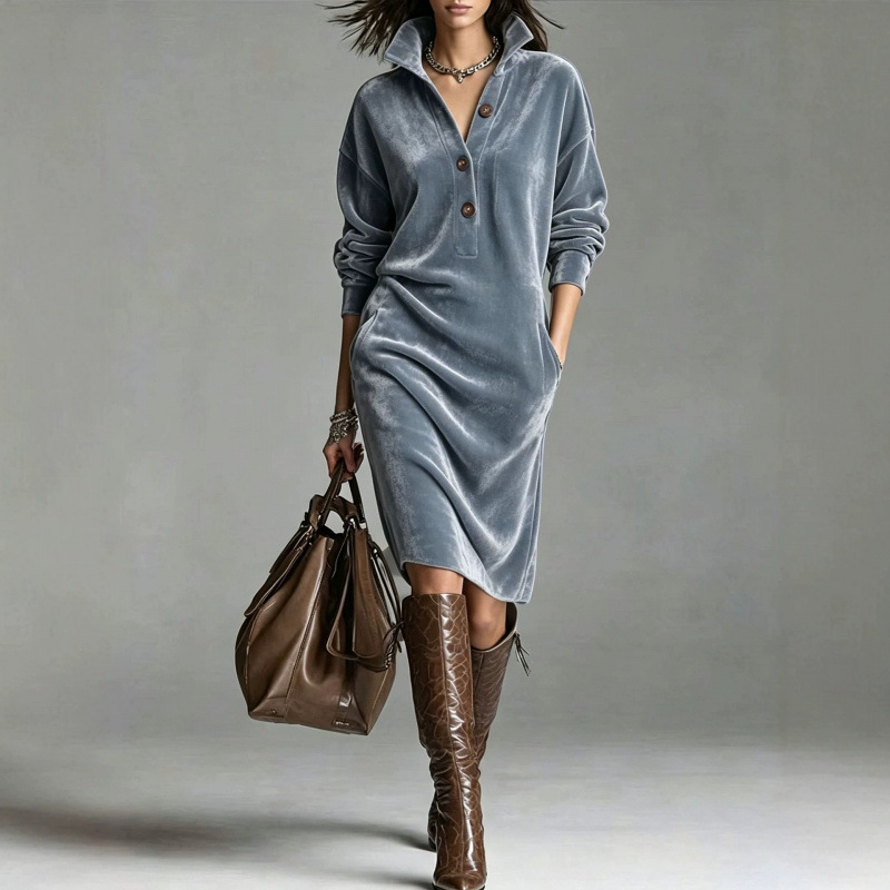 Elegant Western Velvet Button Pocket Dress