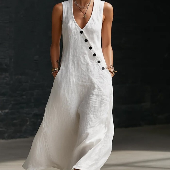 V-Neck Button-Front Sleeveless A-Line Maxi Dress