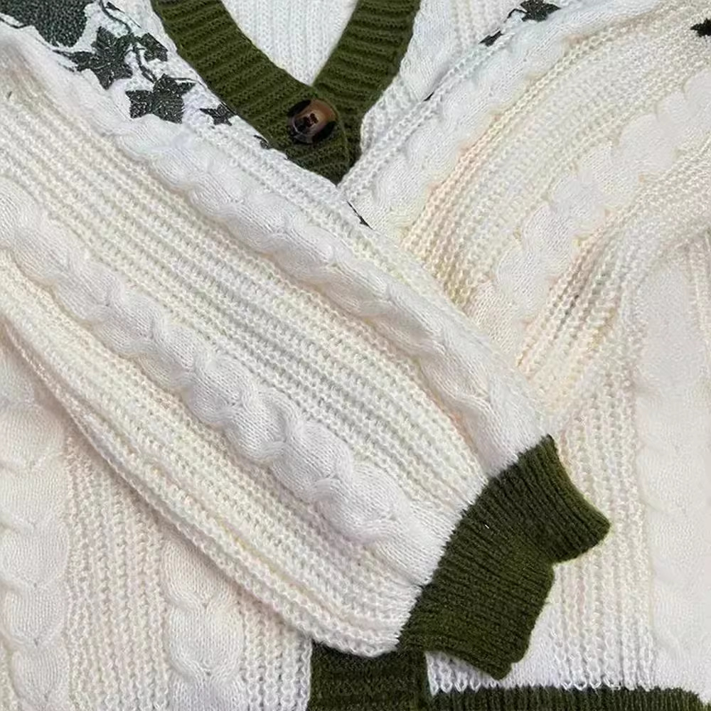 Leaf Embroidered Lantern Sleeve Cardigan Sweater