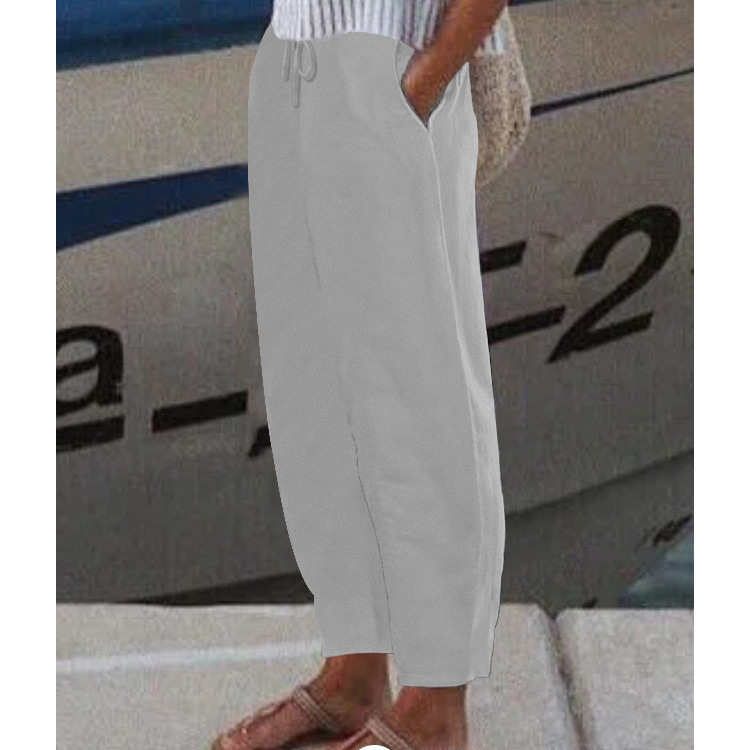 Women's Solid Color Casual Cotton Linen Pants with Elastic Waist