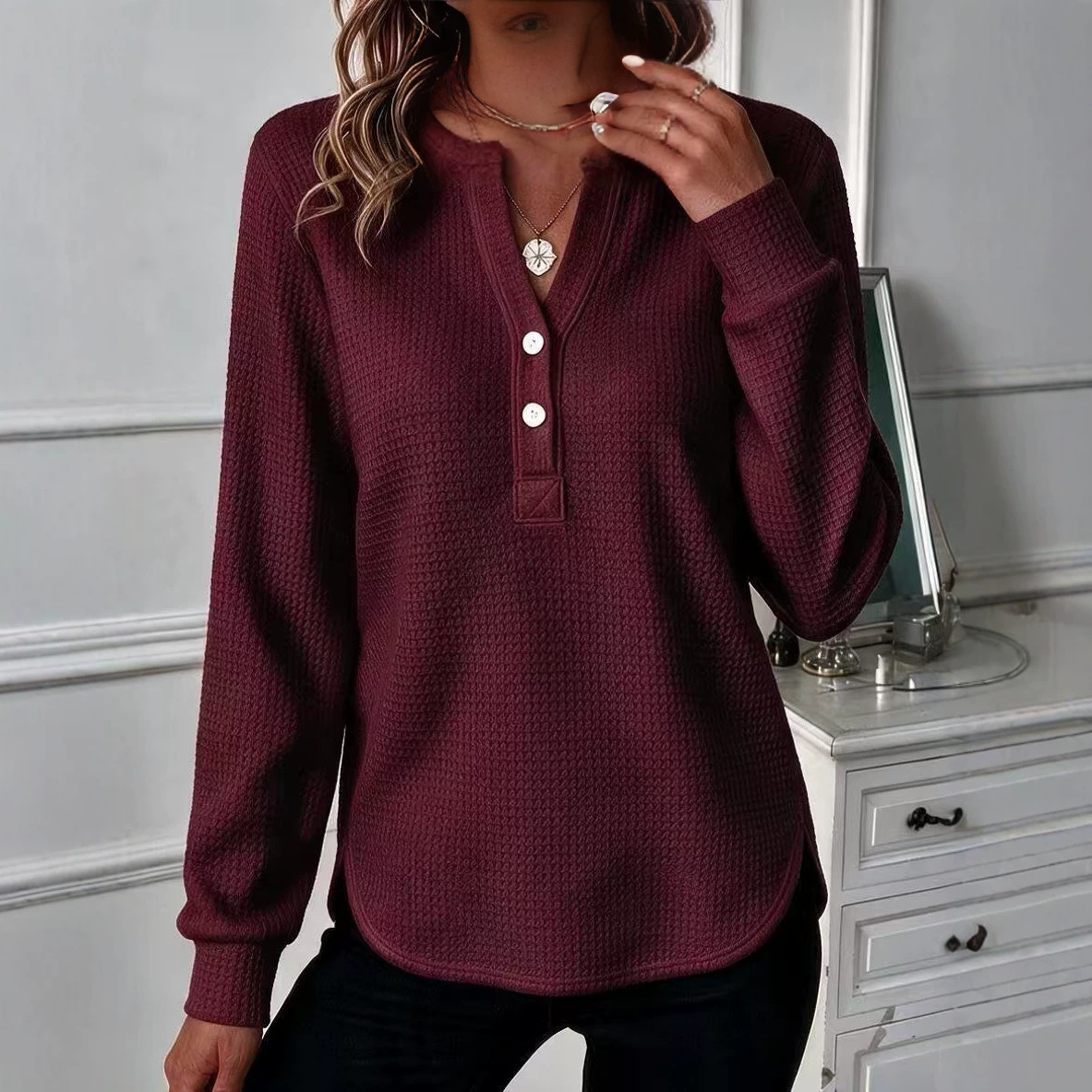 Waffle Knit V-Neck Button Long Sleeve Loose Fit Top