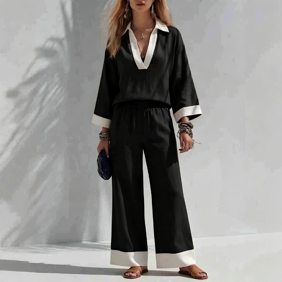 Women's V-Neck Long-Sleeve Top and Wide-Leg Pants Set