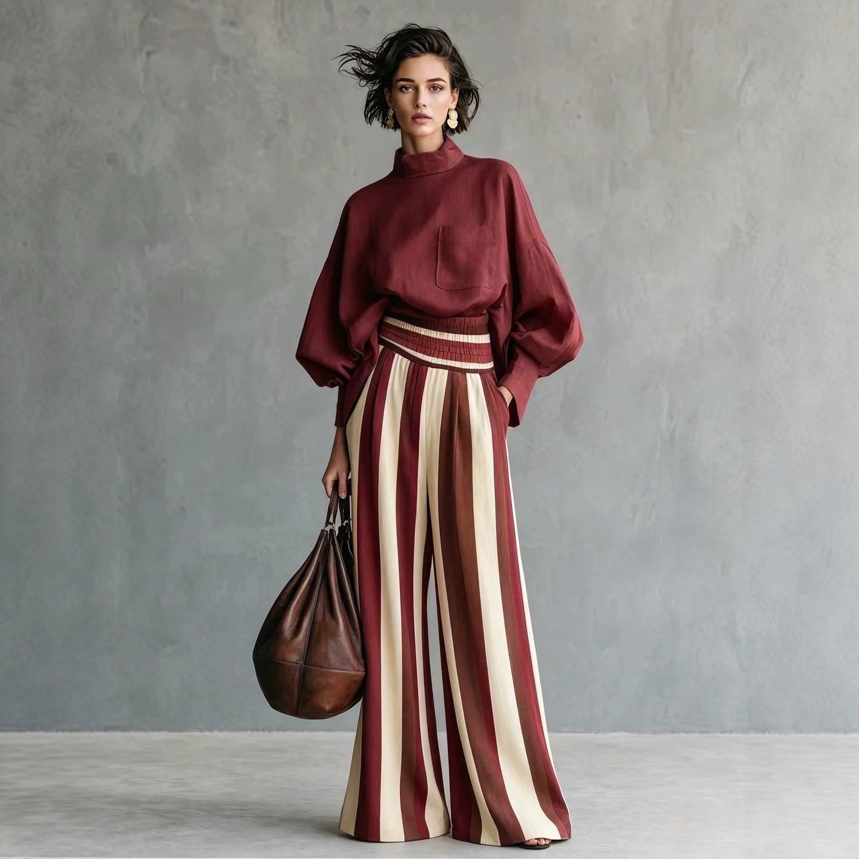 Women's Striped Mock Neck Long Sleeve T-Shirt and Pants Set