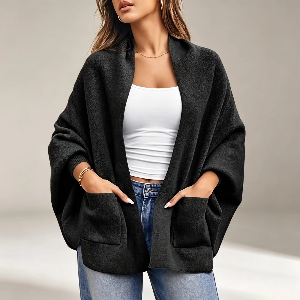 Women's Solid Knit Cardigan Sweater, Loose V-Neck Batwing Sleeve Mid-Length