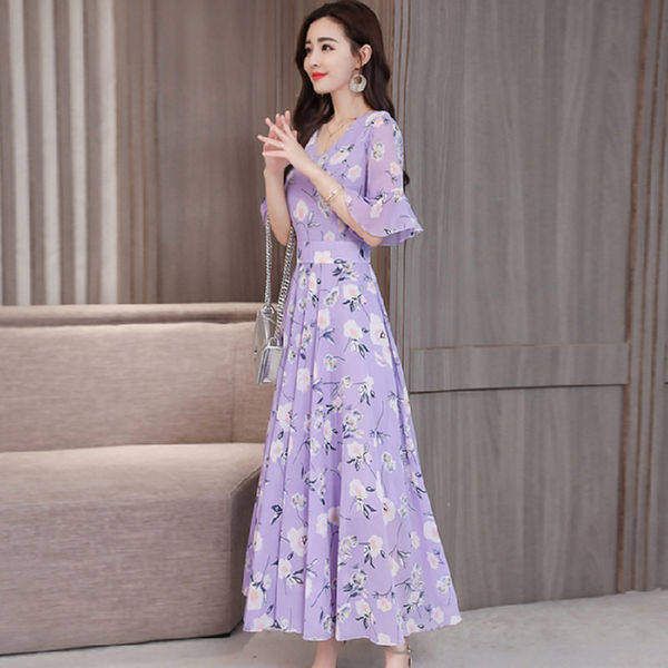 Floral A-Line V-Neck Midi Dress with Nine-Tenth Sleeves