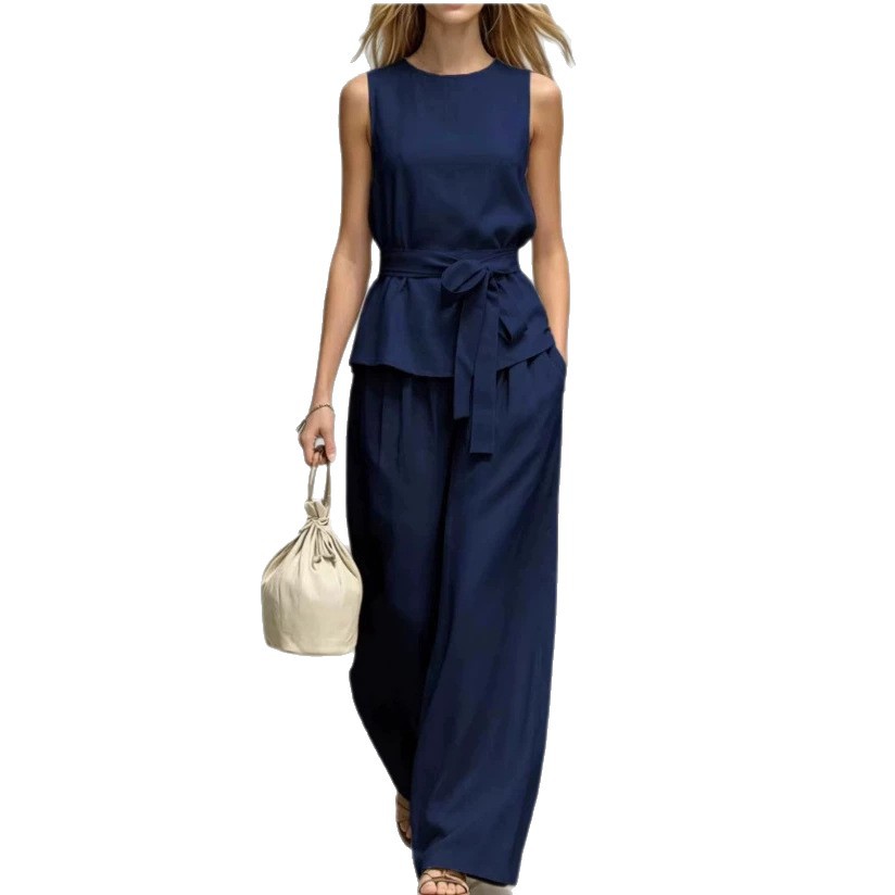 Women's Sleeveless Top and Belted Pants Two-Piece Set