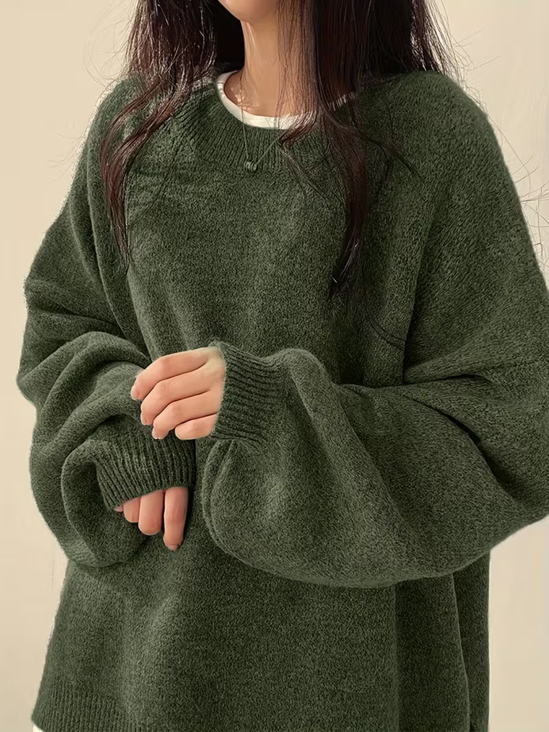 Women's Solid Crewneck Pullover Sweater Casual Long Sleeve Drop Shoulder Slit Knit Top