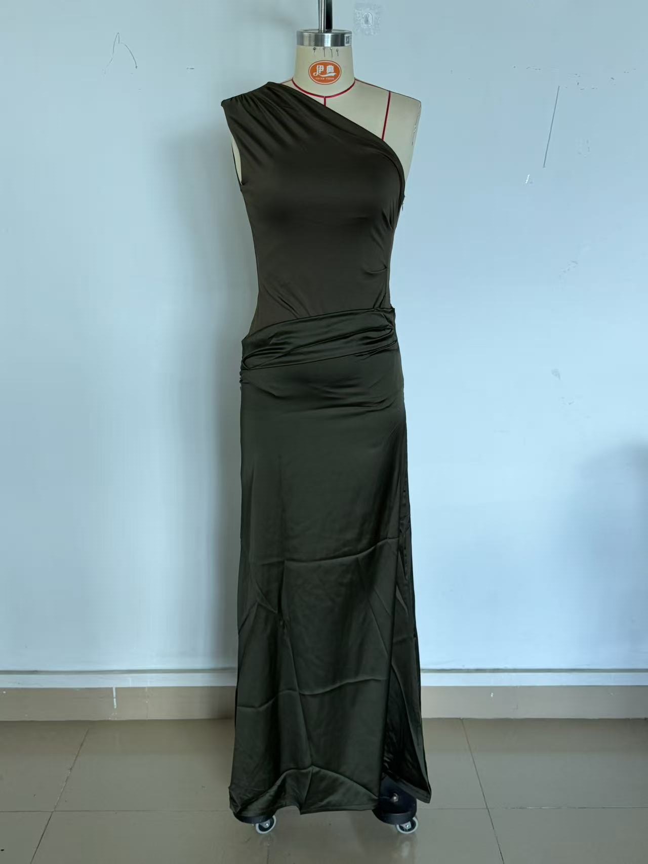 One-Shoulder Ruched Satin Bodycon Maxi Dress