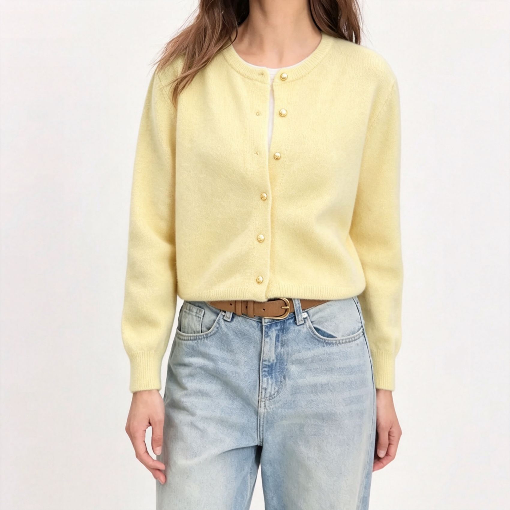 Long Sleeve Knit Cardigan with Gold Buttons Crew Neck Solid Color Loose Sweater Coat