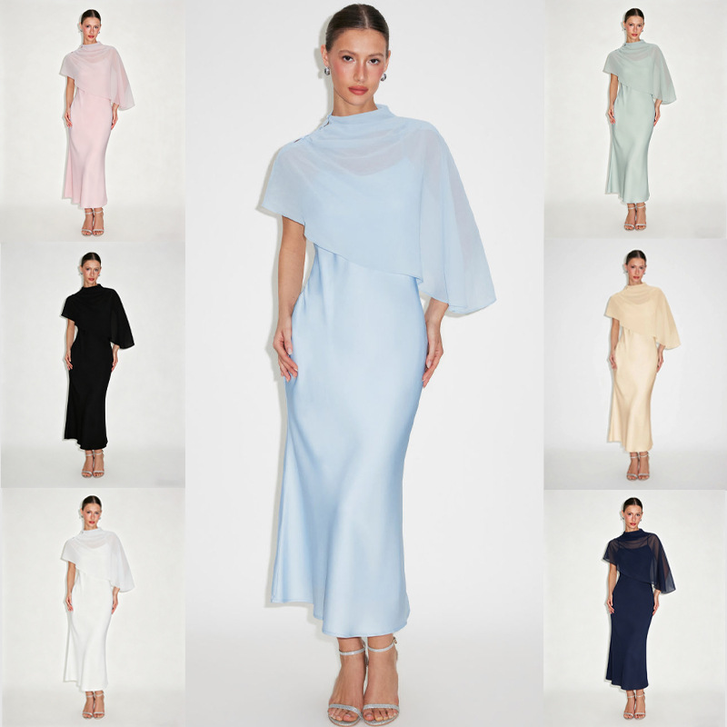 Light Luxury Cape-Style Chiffon Midi Dress Slimming Sleeveless