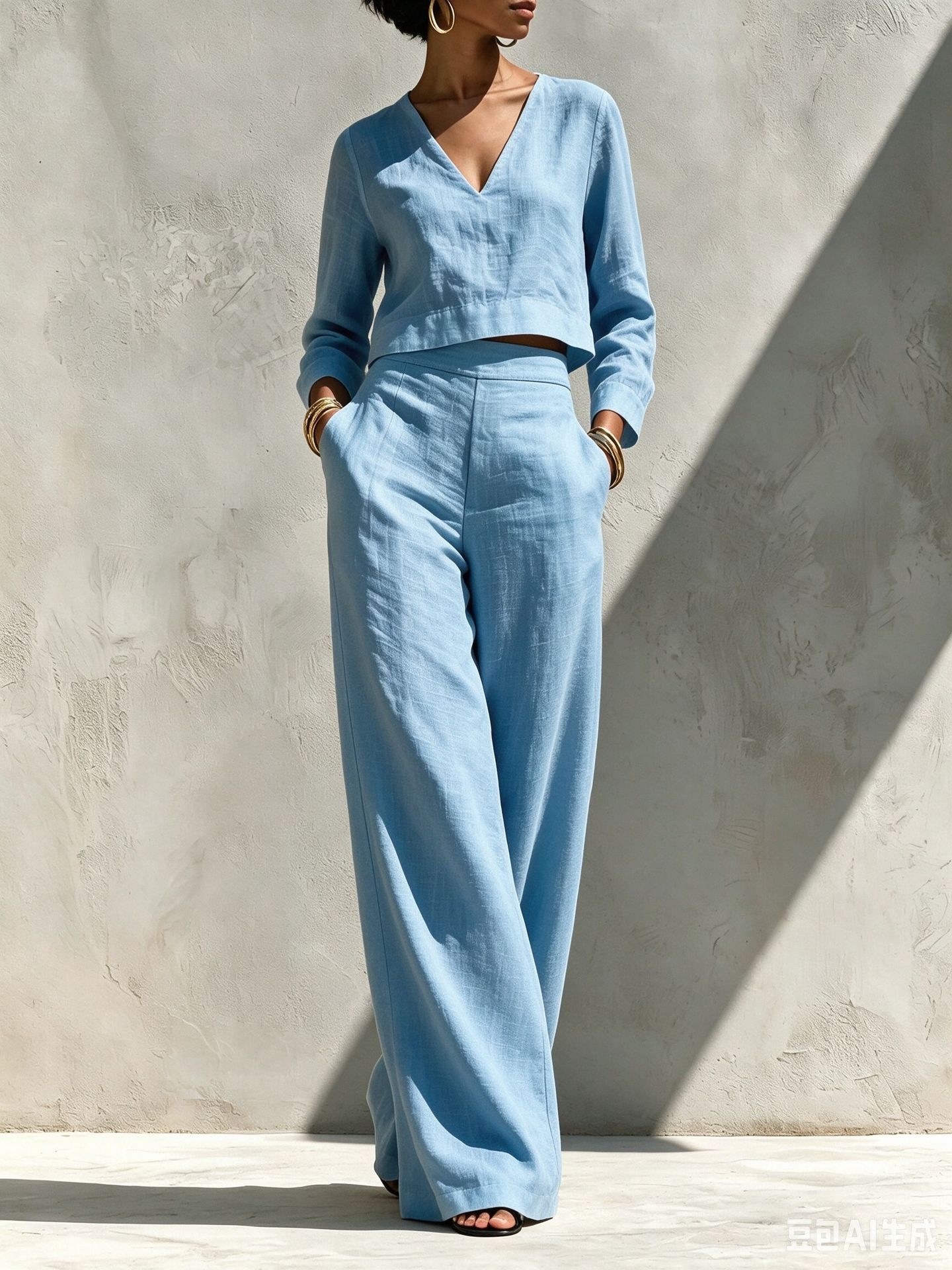 Women's Linen-Blend V-Neck Long-Sleeve Crop Top & High-Waist Wide-Leg Pants Set