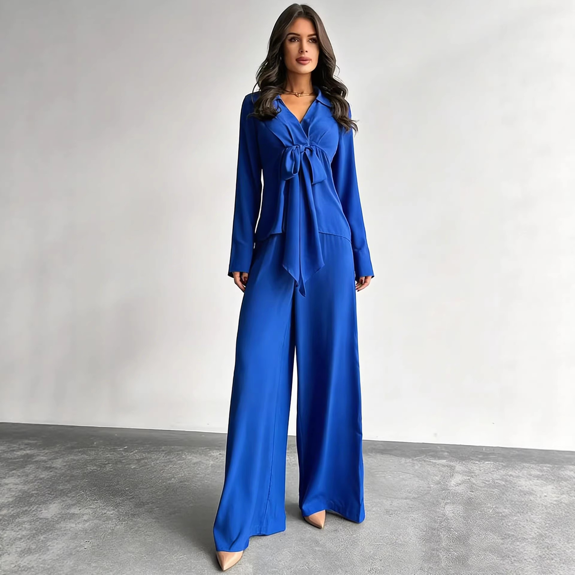 Women's Casual Two-Piece Set with Drawstring Top and Wide-Leg Pants
