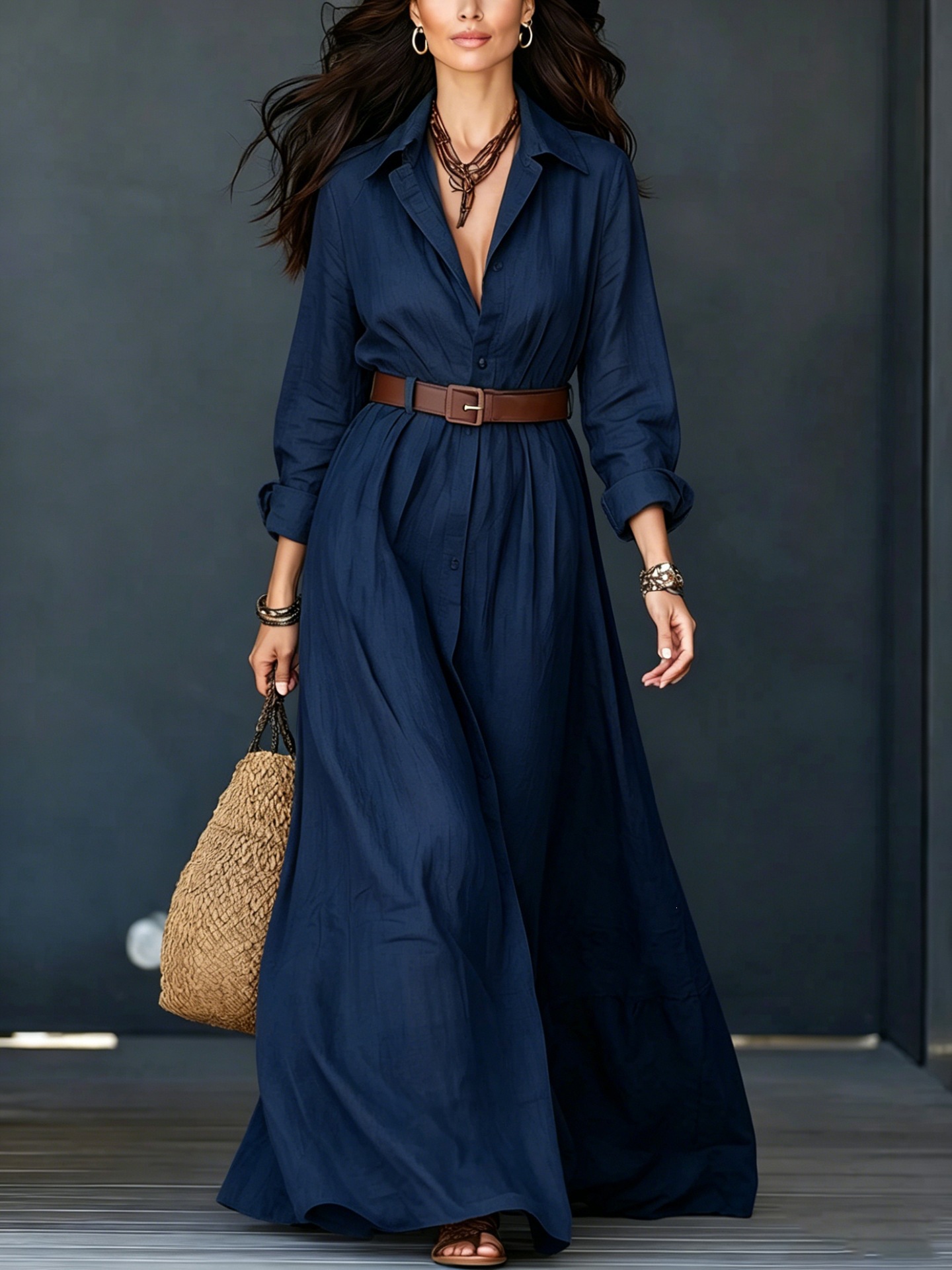 Women's Cotton-Linen Shirt Dress with Collar, Long Sleeves, Belted, Floor-Length