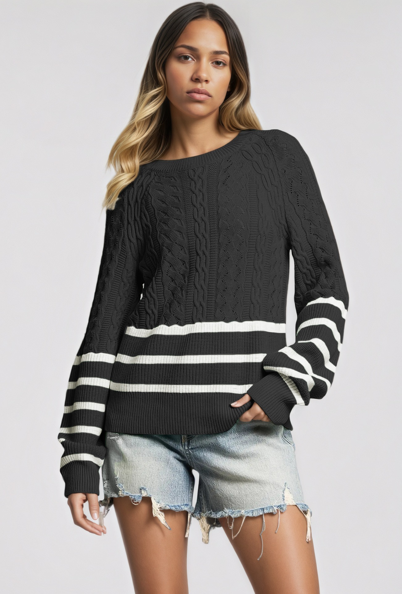 Women's Cable Knit Striped Crewneck Sweater Loose Fit Long Sleeve