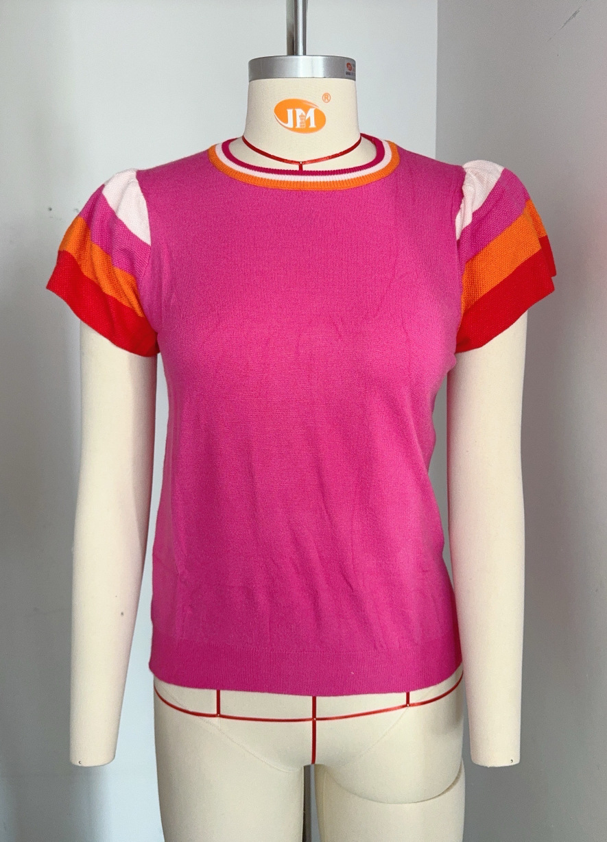 Women's Color-Block Crewneck Knit Top Short Sleeve Sweater