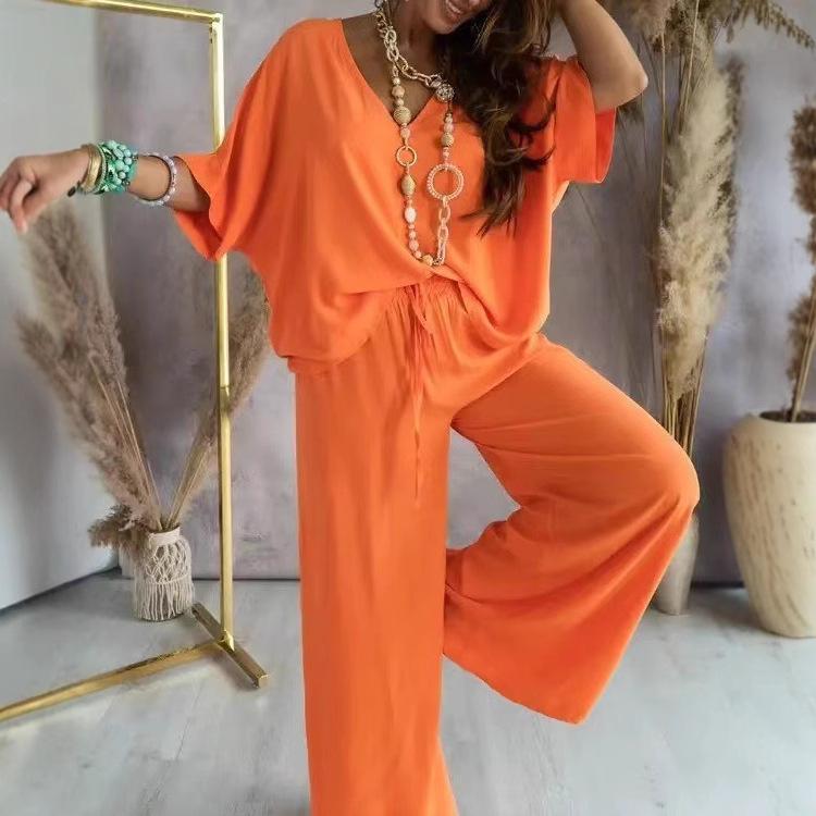 V-Neck Batwing Sleeve Wide-Leg Pants Set Women Casual Loose Two-Piece