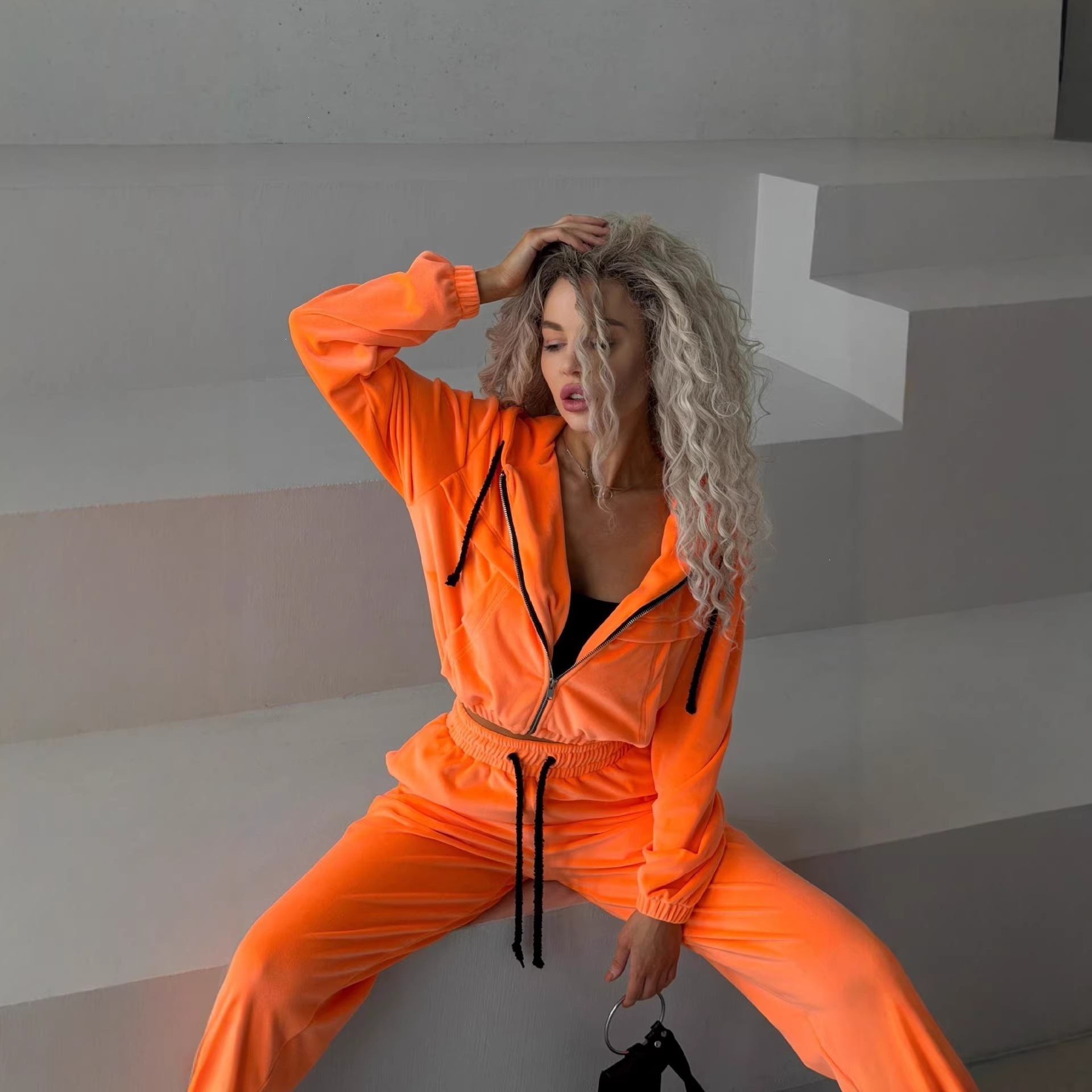 Women's Velvet Colorblock Long Sleeve Cardigan and Pants Set with Pockets