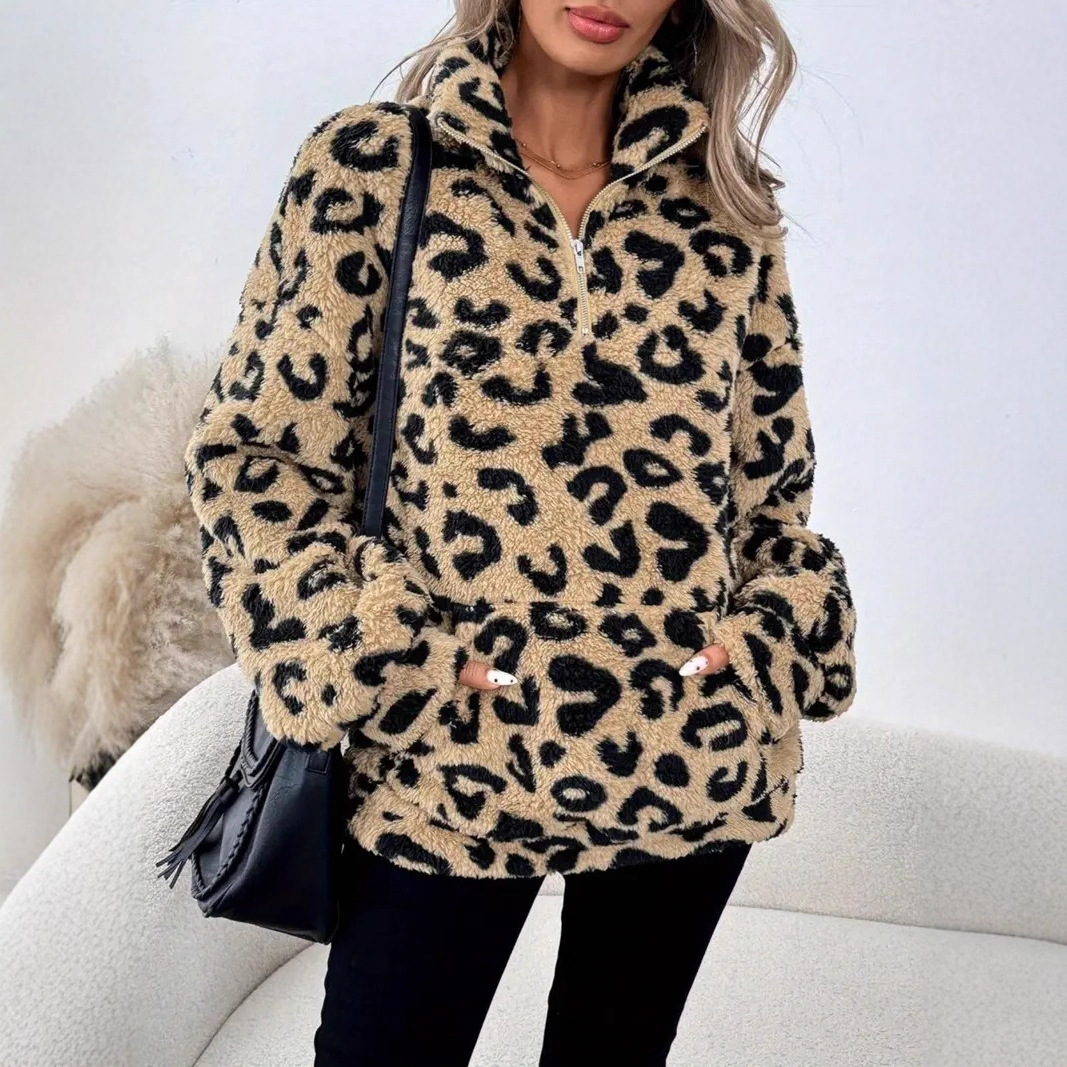 Women's Leopard Print Zip-Up Fleece Hoodie with Pockets