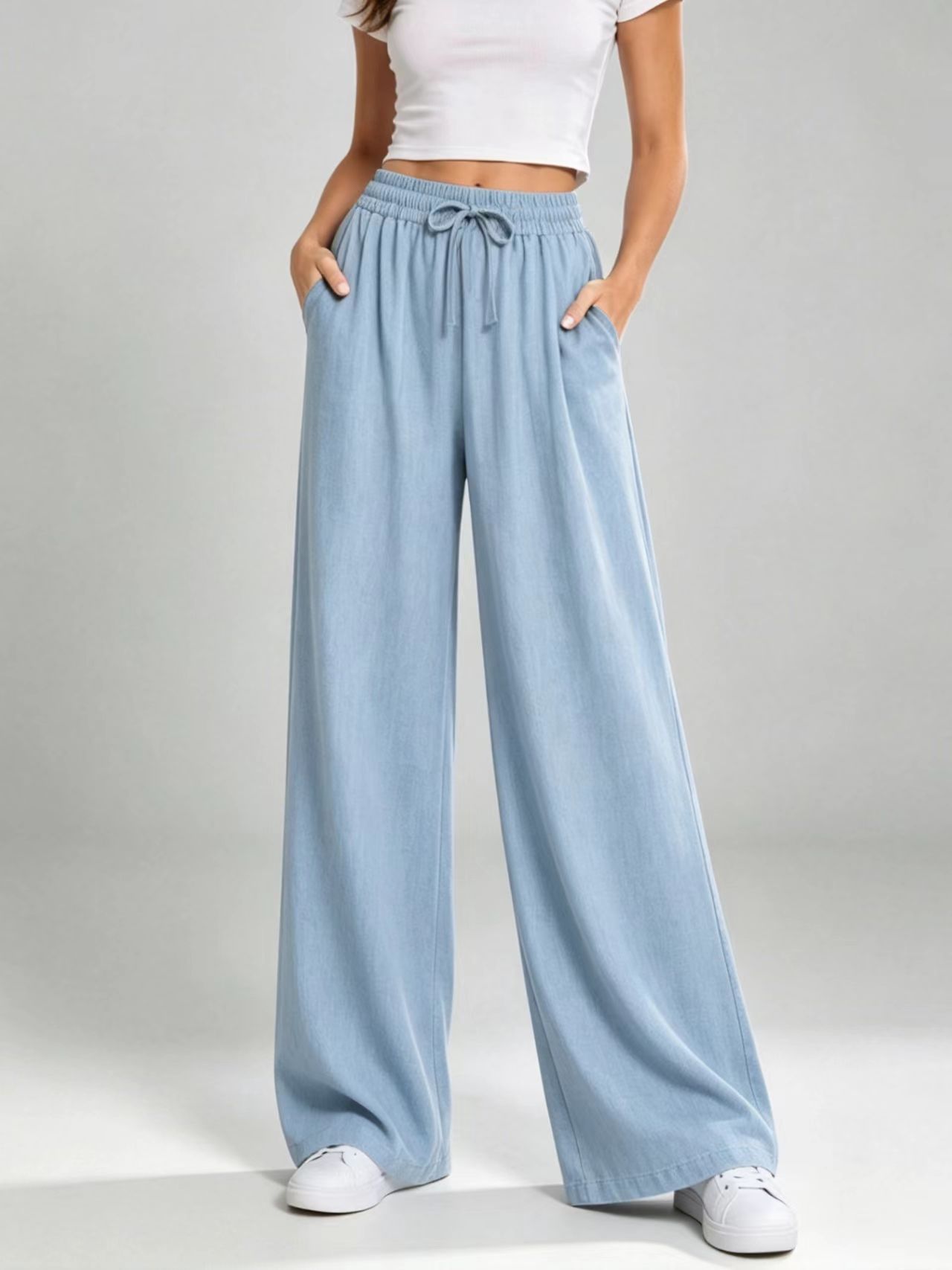 Drawstring High-Waist Straight-Leg Wide-Leg Pants for Women Solid Color
