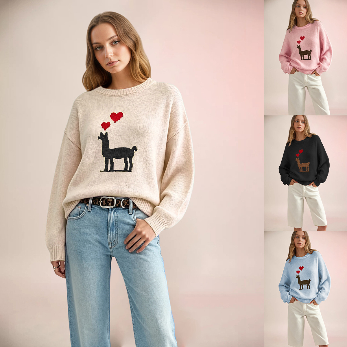Heart Colorblock Crewneck Pullover Knit Sweater