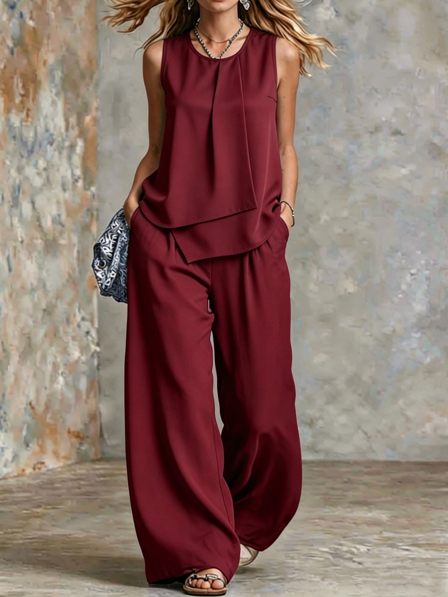 Elegant Sleeveless Solid Asymmetrical Top & Wide-Leg Pants Set