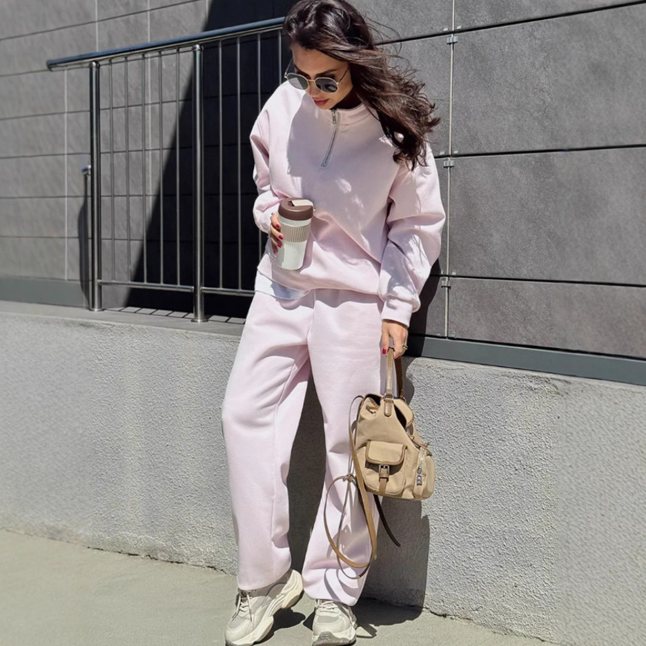 Half-Open Collar Long Sleeve Oversize Hoodie and Drawstring Sweatpants Set