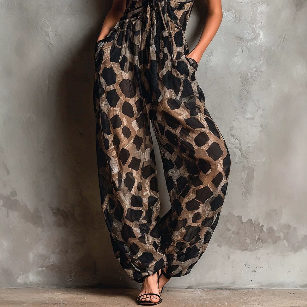 Leopard Print Deep V Twist Strap Wide-Leg Jumpsuit