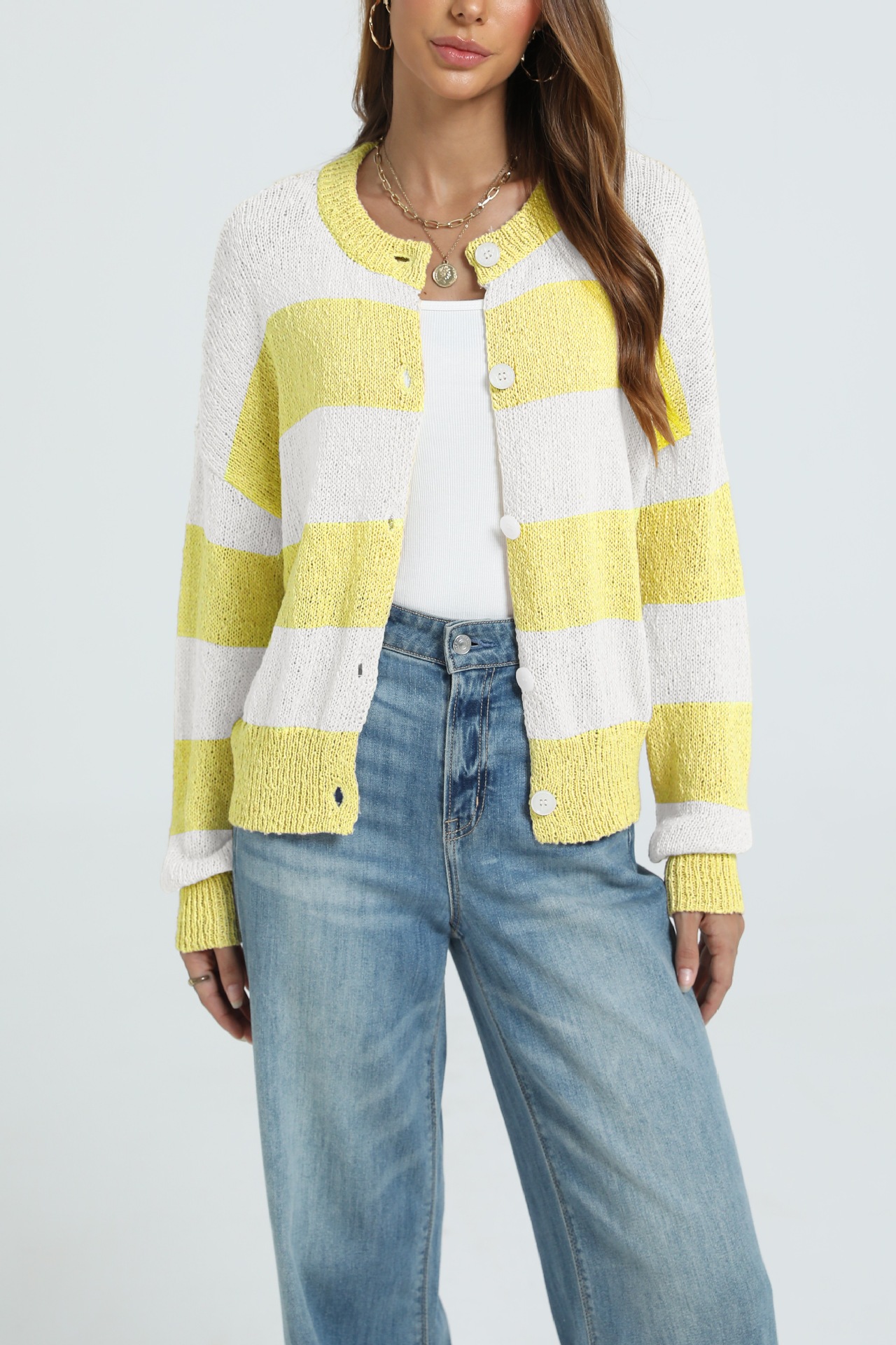 Striped Knit Cardigan Long Sleeve Round Neck Button-Up Sweater