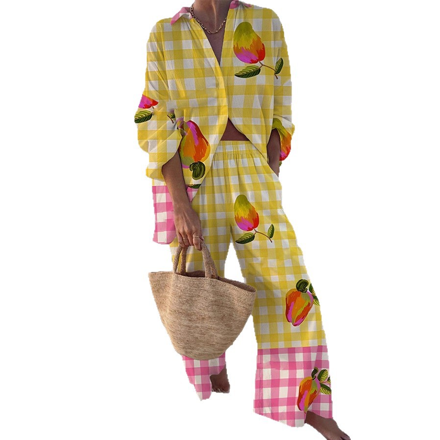 Women's Long Sleeve Collared Printed Shirt Set Casual Vacation Loungewear
